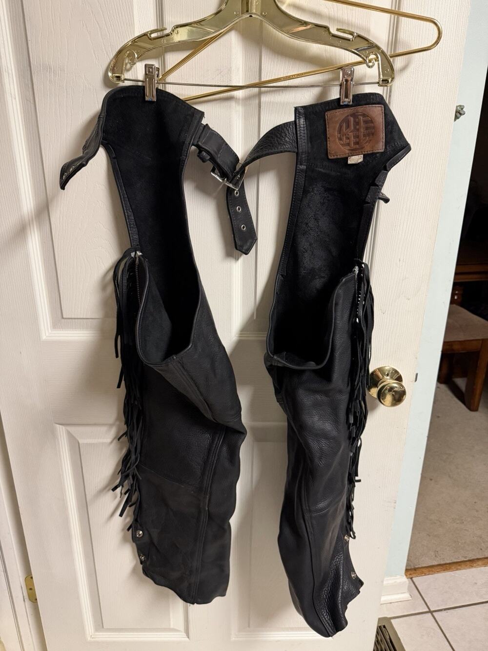Vnt Kerr Leathers American Black Fringe Chaps Med YKK Sissy Belt Adjustable Lace